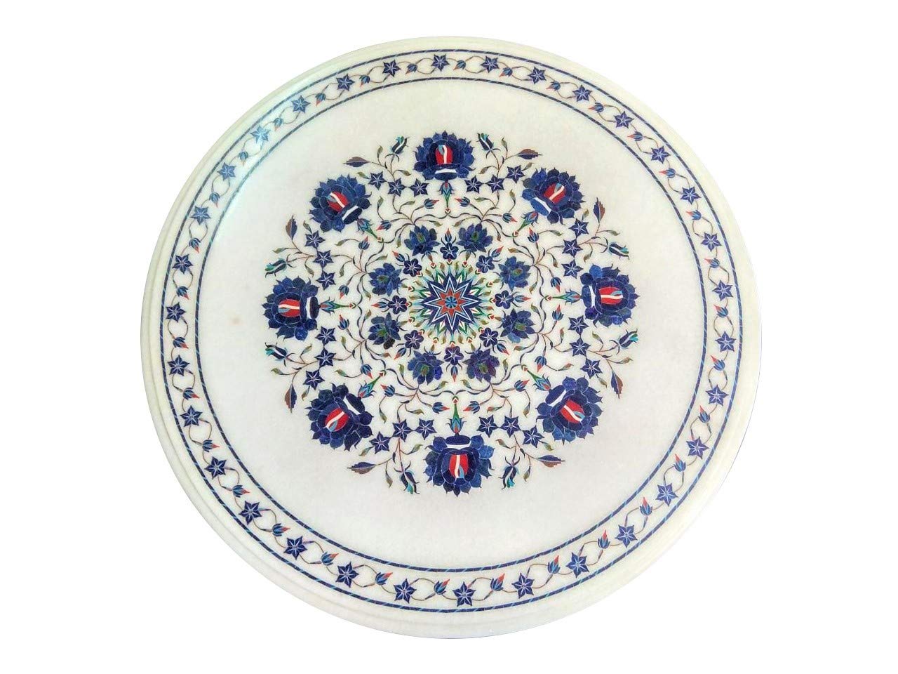 White Marble Dining Table Top, Decorative Unique Gifts, Lapis Lazuli Floral Inlay art Marquetry Decor Table Top, Designer Art Deco Unique Gifts
