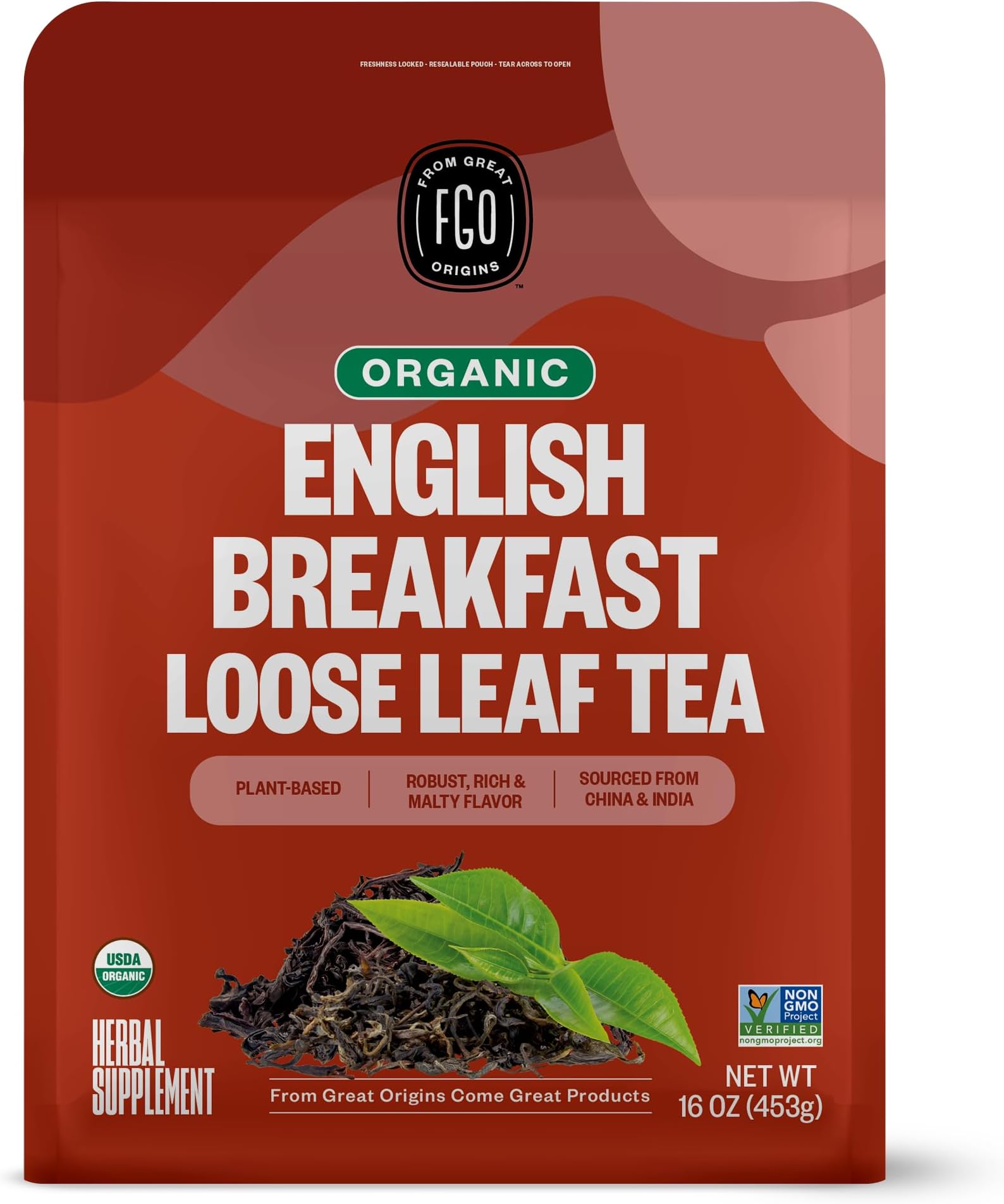 FGO Organic English Breakfast Black Tea, Loose Leaf, 16 Ounce Bulk Resealable Bag, Packaging May Vary (Pack of 1)