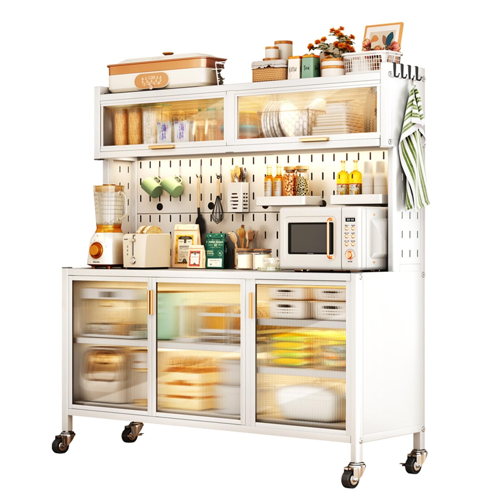 Küchenregal mit 5 Ebenen, Mikrowellenständer mit Klapptürschrank, Haken, DIY-Rückwand, bremsbare Rollen für Aufbewahrung und Organisation