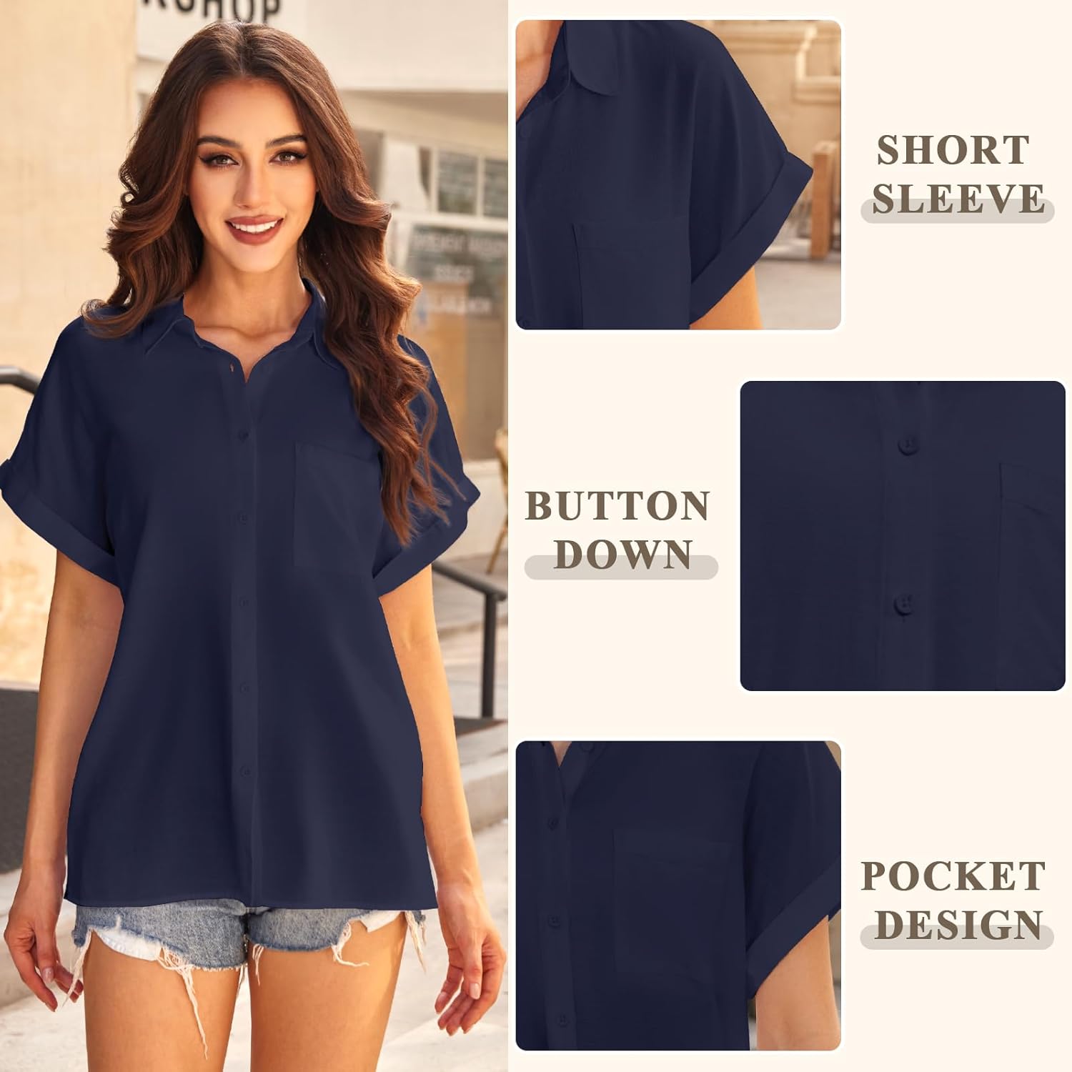 Womens Casual Cotton Linen Button Down Short Sleeve Shirts Solid Summer Beach Blouses Tops with Pocket - Image 5