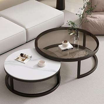 Low Table, Set of 2, Round, Coffee Table, Glossy, Mirror Surface, Ceramic, Extendable, Center Table, Nesting Table, Marble Style, Living Table, Side Table, Nesting Type, Simple, Low, Gray