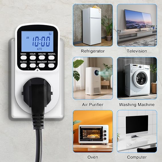 Digital Plug Timer Socket UK, 24-Hour Weekly Programmable Plug-in Timer Switch with LCD Backlight, Electric Socket Timing Switch Random On/Off for Home Security Christmas Lights Indoor Appliances