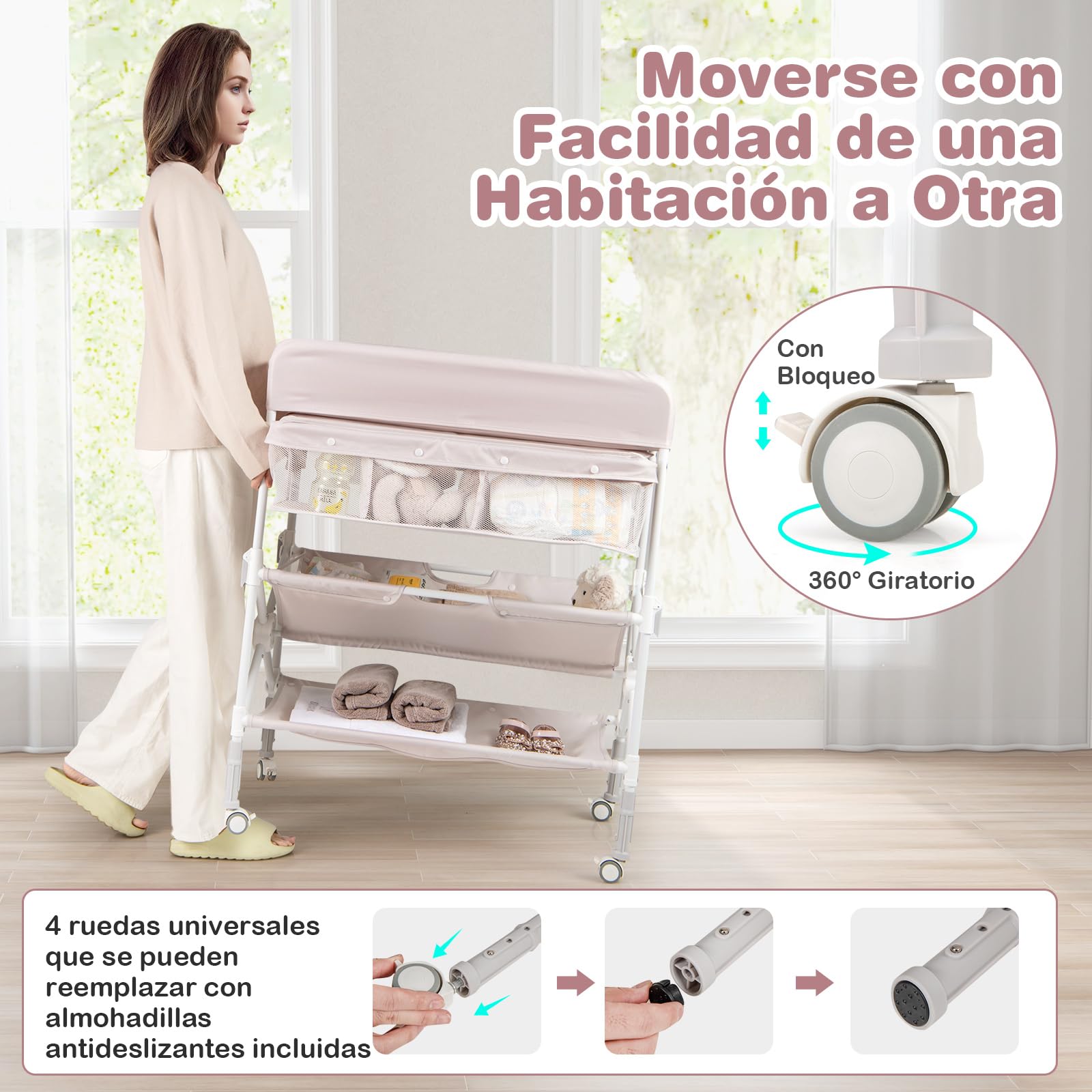 COSTWAY Cambiador Bebé Plegable con Ruedas Bloqueables, Cambiador Portátil Impermeable con 3 Alturas Ajustables, 2 Estantes y Bote de Basura, Cesta de Almacenamiento (Beige)