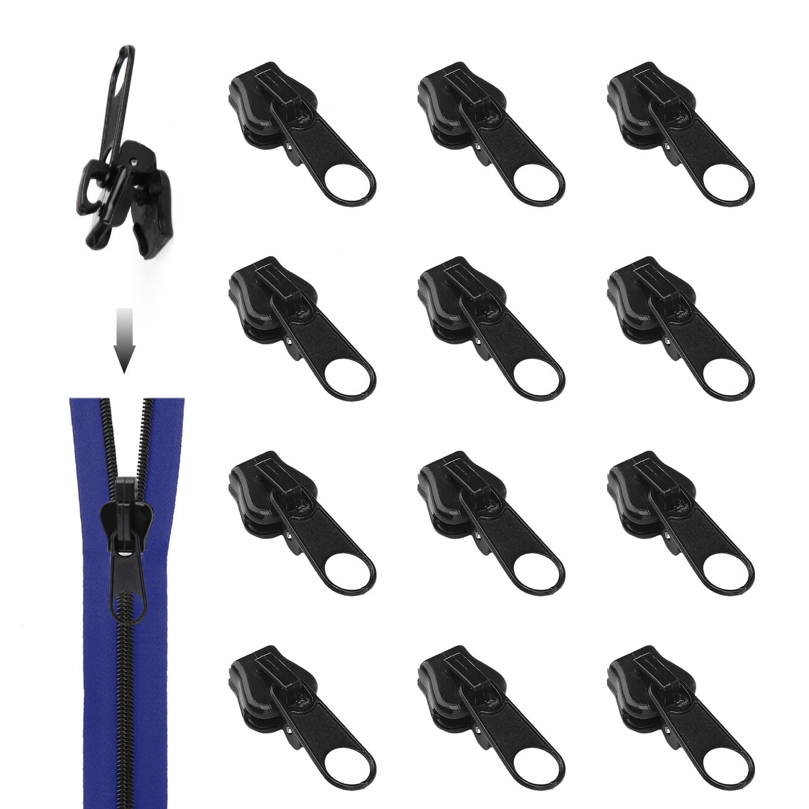 Lot De 12 Curseur Fermeture Eclair Clipsable, Curseur Fermeture Eclair - Remplacement Instantané De Tête De Fermeture à Glissière - Pour Veste, Manteau, Valise - Noir