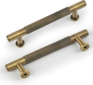 SALISENG 5 Pack Antique Brass Kitchen Cabinet Pulls, 3-3/4 Inch Solid Brass Dresser Drawer Handles, Modern Door Pulls for Cupborard Wardrobe Closet Vanity Furniture Hardware