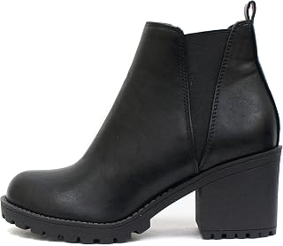 Soda ORIGAMI Women's Lug Sole Ankle Booties - Mid Heel Chelsea Combat Boots with Double Elastic Gore
