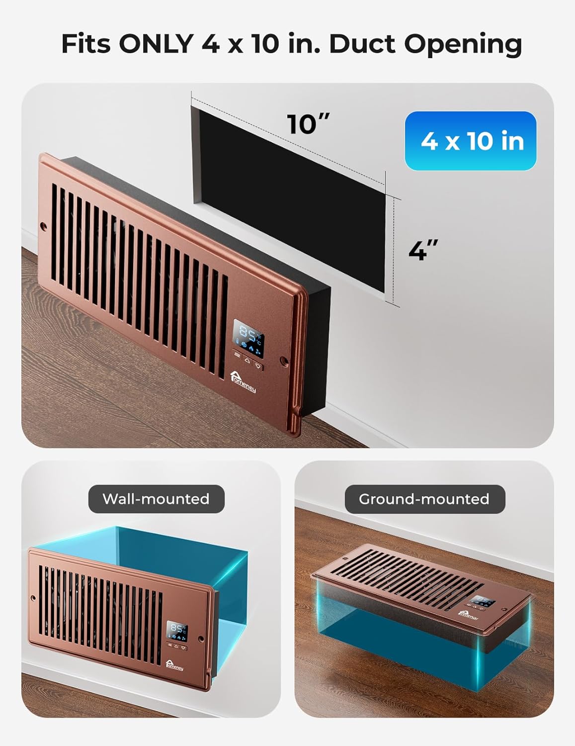 Register Booster Fan, Fits 4” x 10” with Remote Control, Smart Vent Fan Booster with Adjustable 10-Speed Control, Quiet Heating Cooling with Thermostat Control