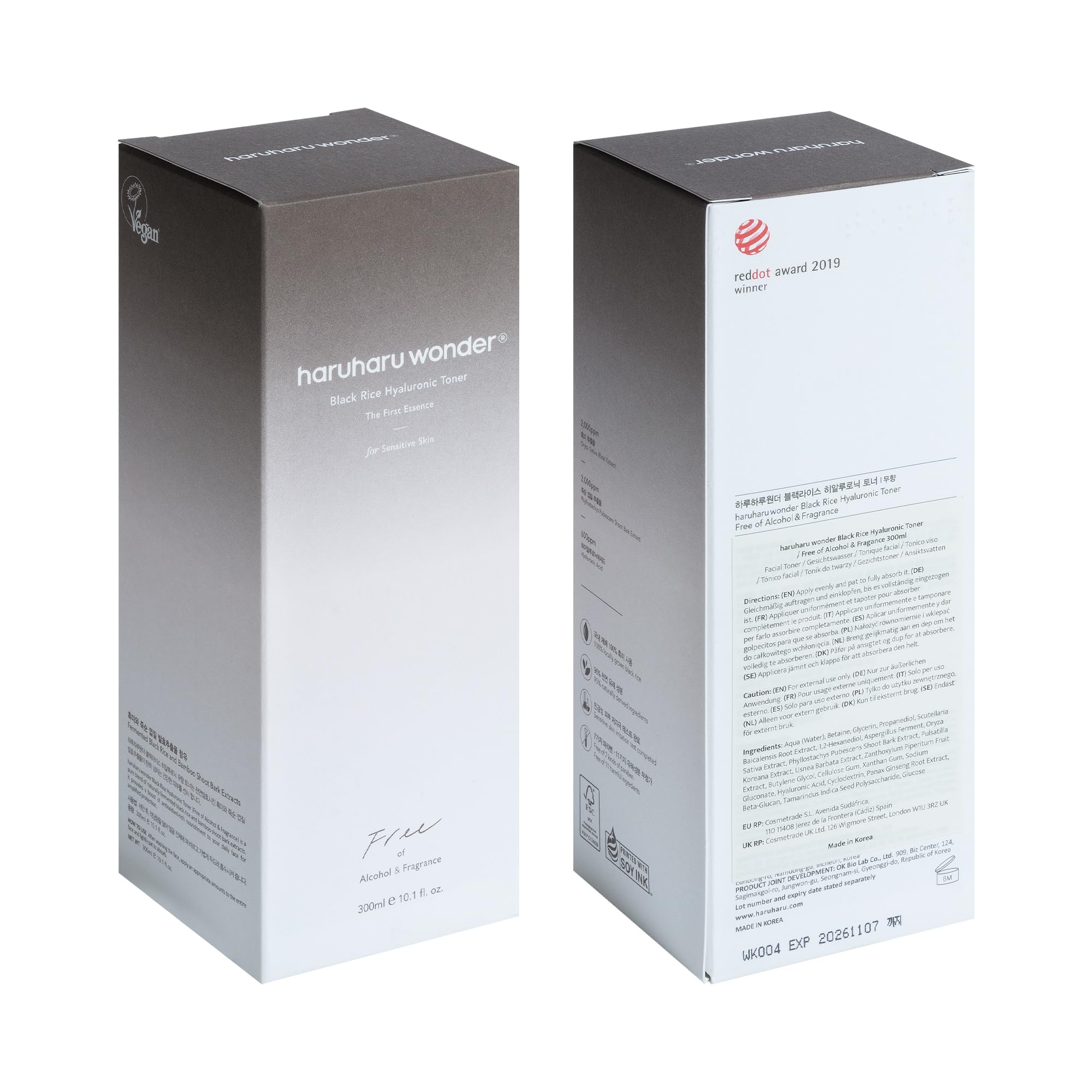 Haruharu Wonder Black Riso Toner ialuronico per pelli sensibili, 300 ml | Senza alcool, senza profumo | Vegan, Cruelty Free, EWG-Green