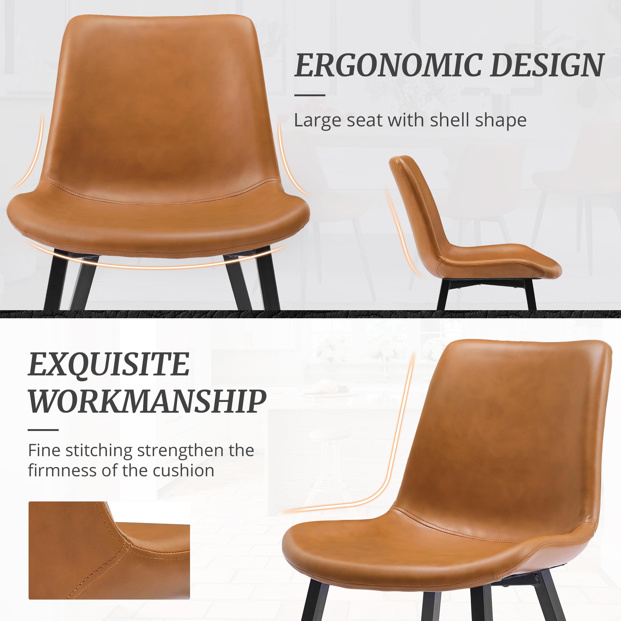 Cozyman Dining Chairs, Faux Leather Dining Chairs Set of 2, 18 Inch Kitchen & Dining Room Chairs, Modern Side Chair with Metal Legs, Mid Century Arm Chair for Living, Bedroom, Kitchen, Whiskey Brown