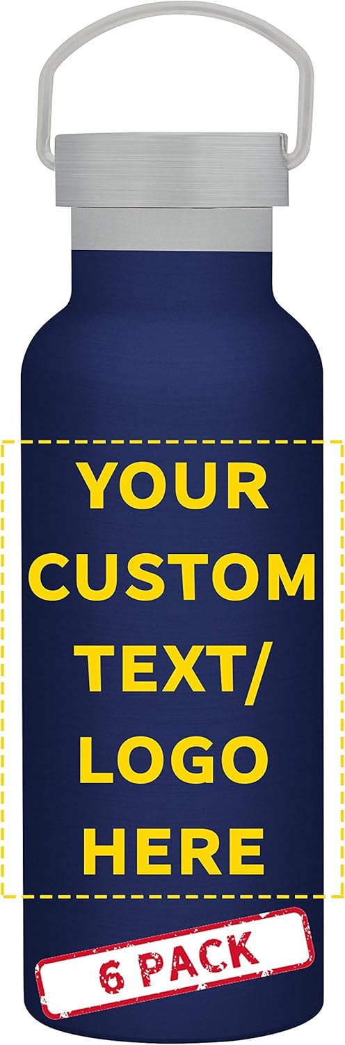 DISCOUNT PROMOS Custom Stainless Steel Canteen Water Bottles 17 oz. Set of 6, Personalized Bulk Pack - Events, Giveaways, and Business Promotions - Blue