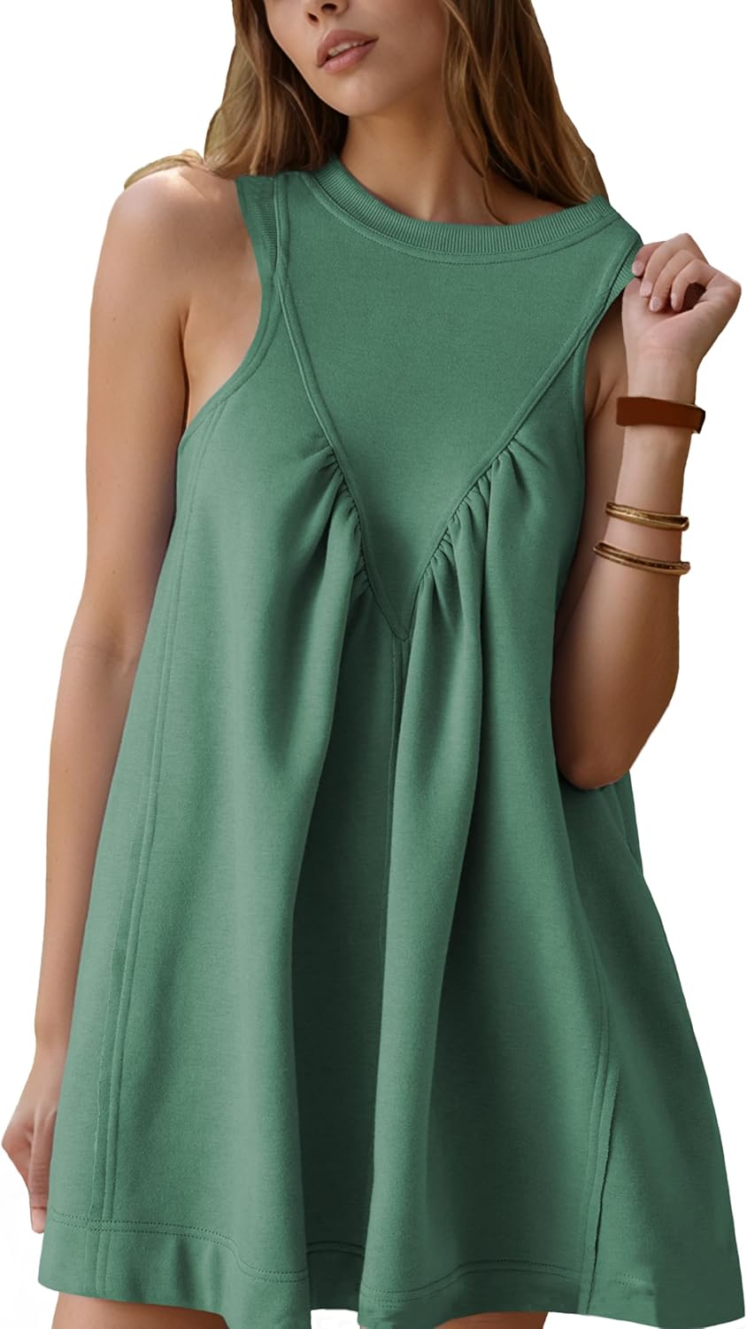 Women's 2025 Summer Sleeveless Pleated Mini Dress Casual Sundress with Pockets Crew Neck Beach Dress