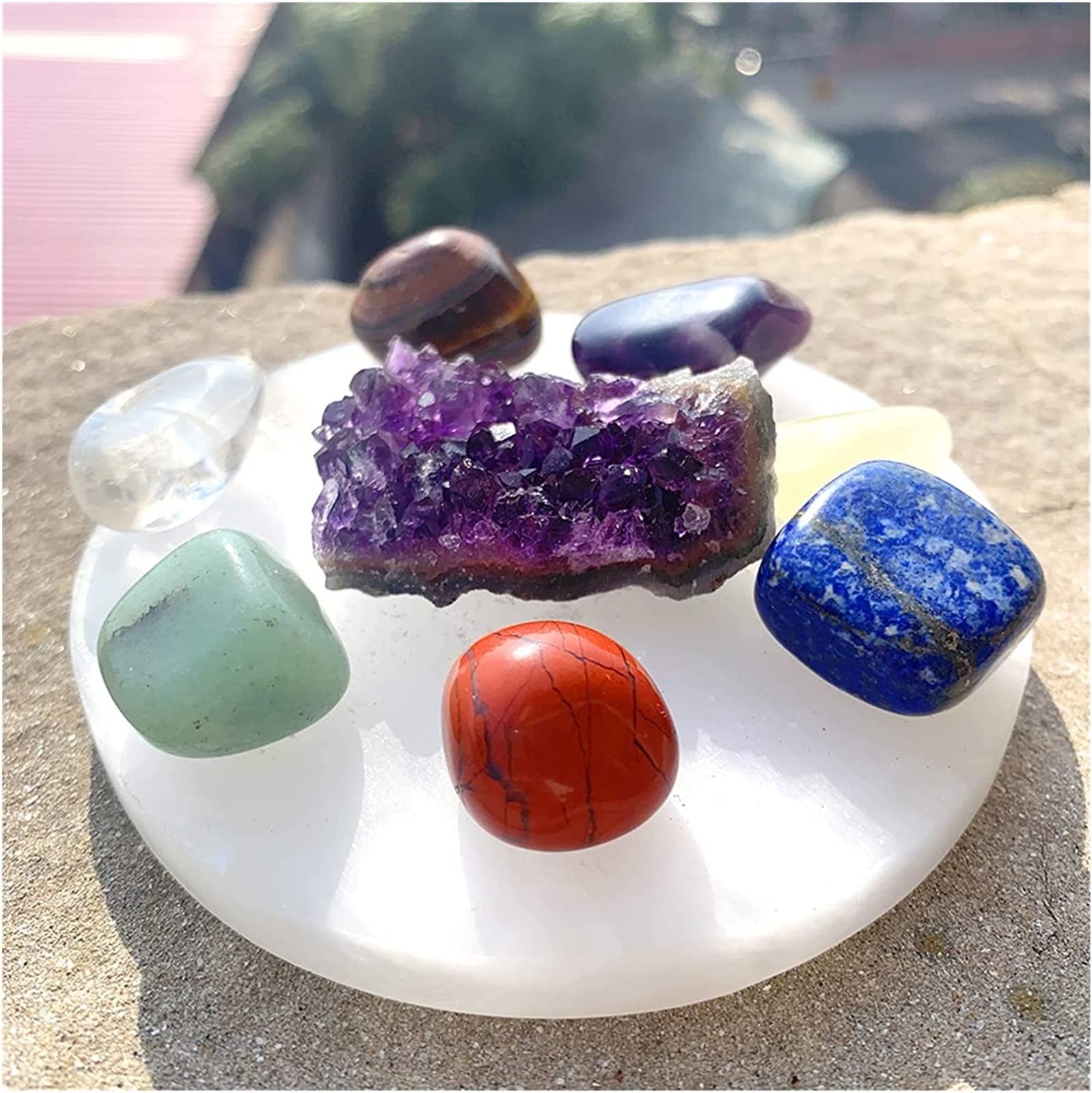 Minerales Piedras 1 Set Natural Gemstone Seven Chakra Amethyst Cluster Selenit Set Polised Reiki Healing Crystal Decoration Crystal Stones Decoración