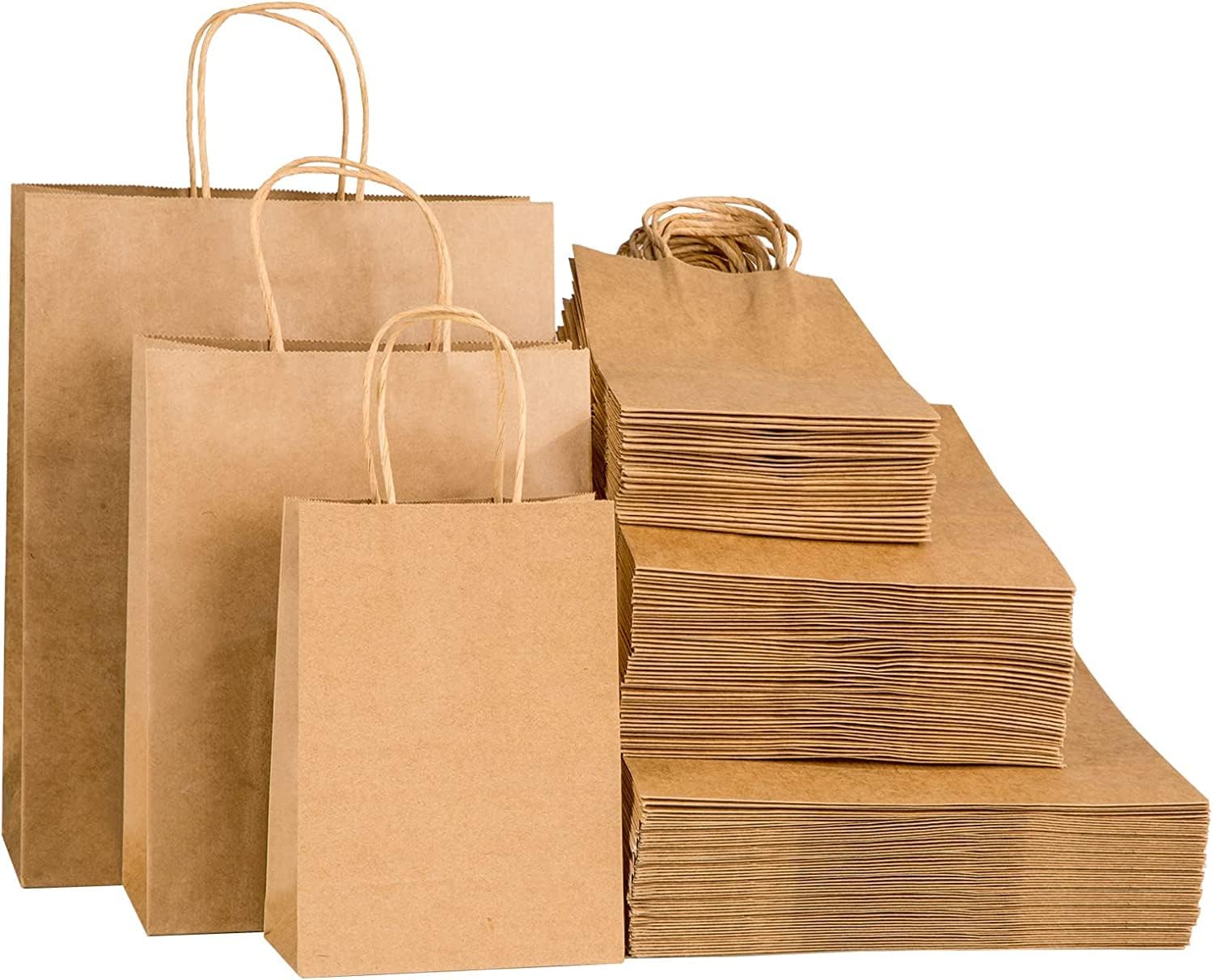 Lot de 100 sacs en papier kraft marron avec poignées, tailles mixtes
