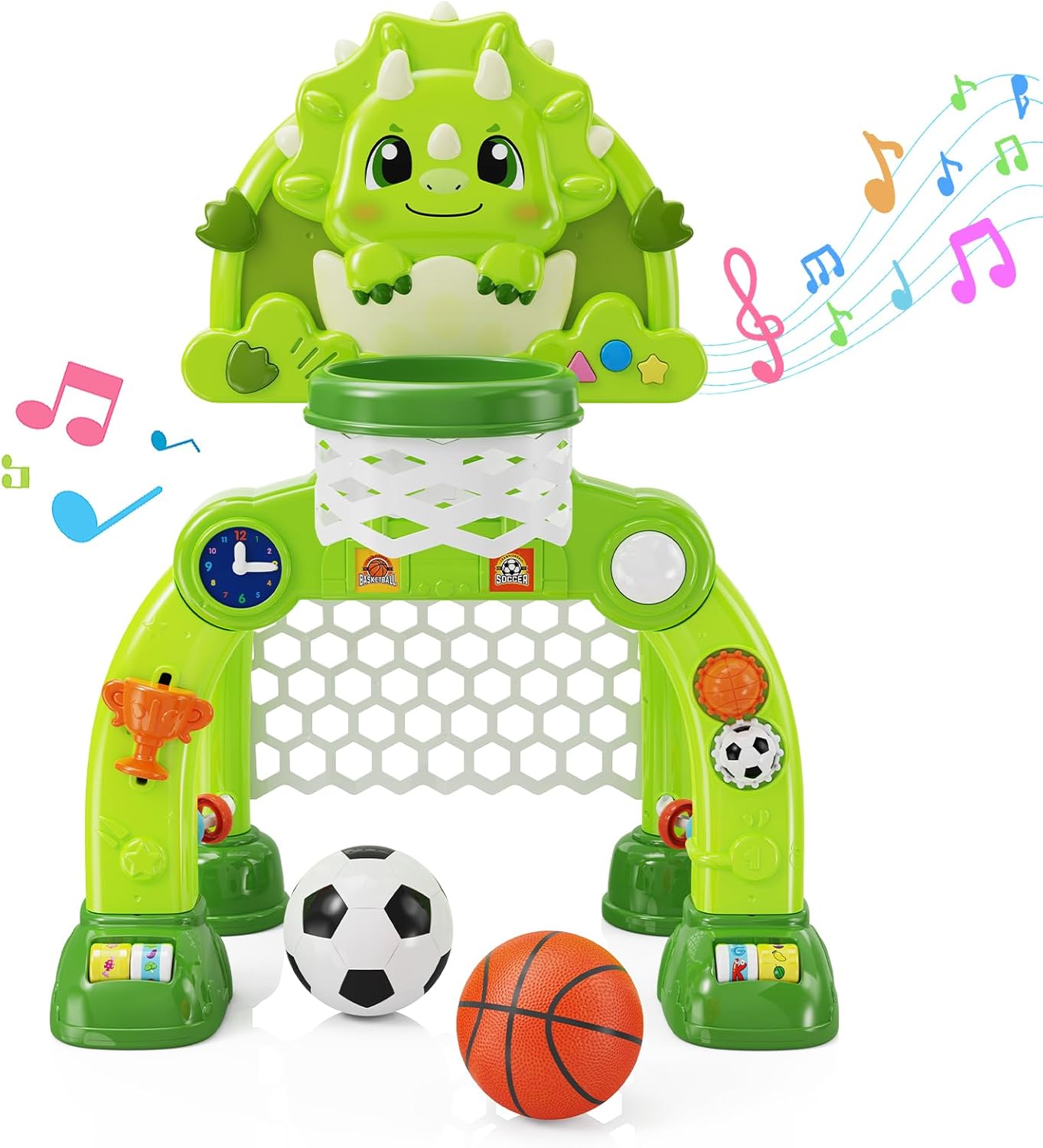 Toddler Basketball Hoop & Soccer Goal, Toys for 1 2 3 Year Old Boys Girls, Sports Toy with Light & Music, Adjustable Height Dinosaur Toys, Baby & Toddlers Christmas Birthday Gift for Ages 1-3