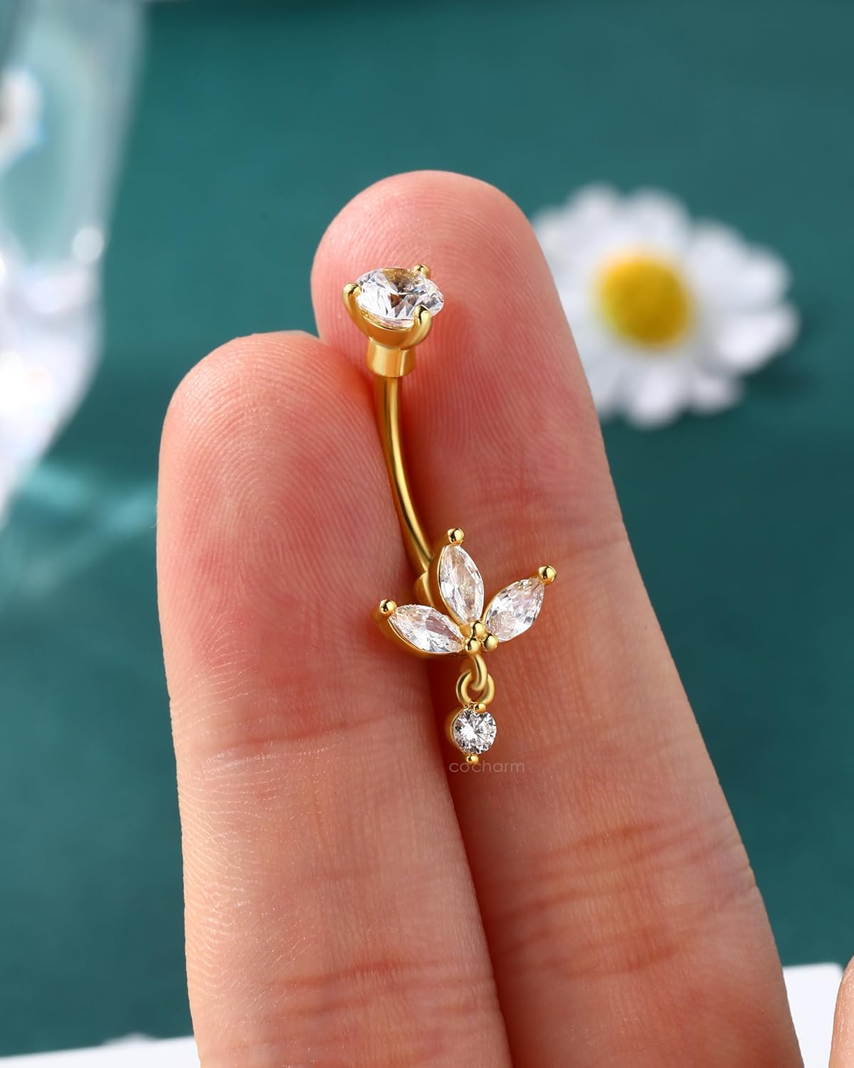 COCHARM Lotus Belly Button Rings Dangle 14G Dangle Belly Navel Button Piercing Surgical Steel Navel Piercing Jewelry Dangling - Image 6