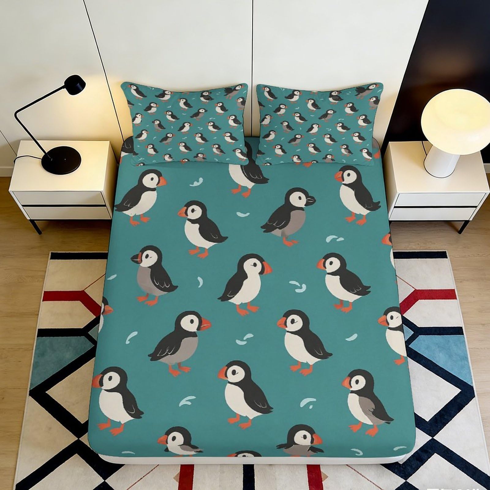 3D Printed Puffin Pattern Fitted Sheet Microfiber Deep Pocket Elastic Hem Puffin Mattress Fitted Cover for Bedroom Home 140x200x25cm