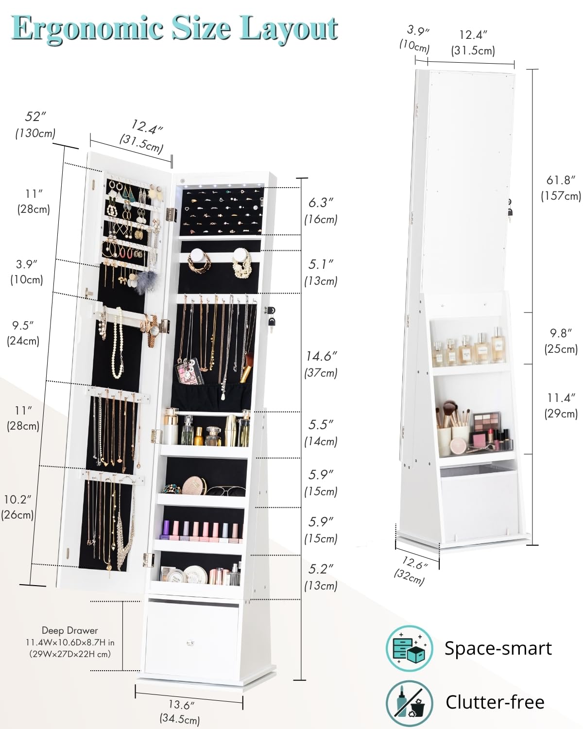 LUXFURNI 360° drehbarer Schmuckschrank mit Spiegel, 157cm Höhe Schmuckschrank Stehend, Standspiegel Mit Stauraum, 1 tiefe Schublade, Abschließbarer Spiegel Schrank, Weiß