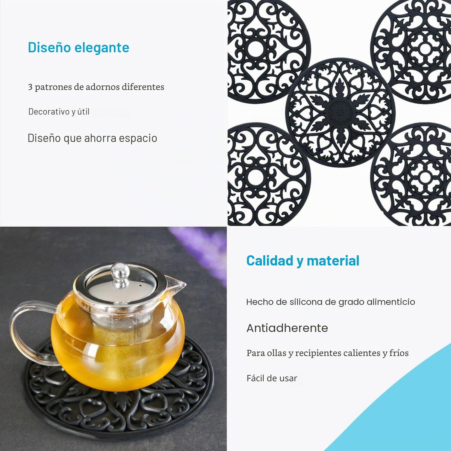 Intirilife Juego de salvamanteles de Silicona de 3 Piezas en Negro -19,5 cm- salvamanteles (3 Piezas) Base de Silicona Antiadherente Flexible, Robusta Alfombrilla Antideslizante Resistente al Calor