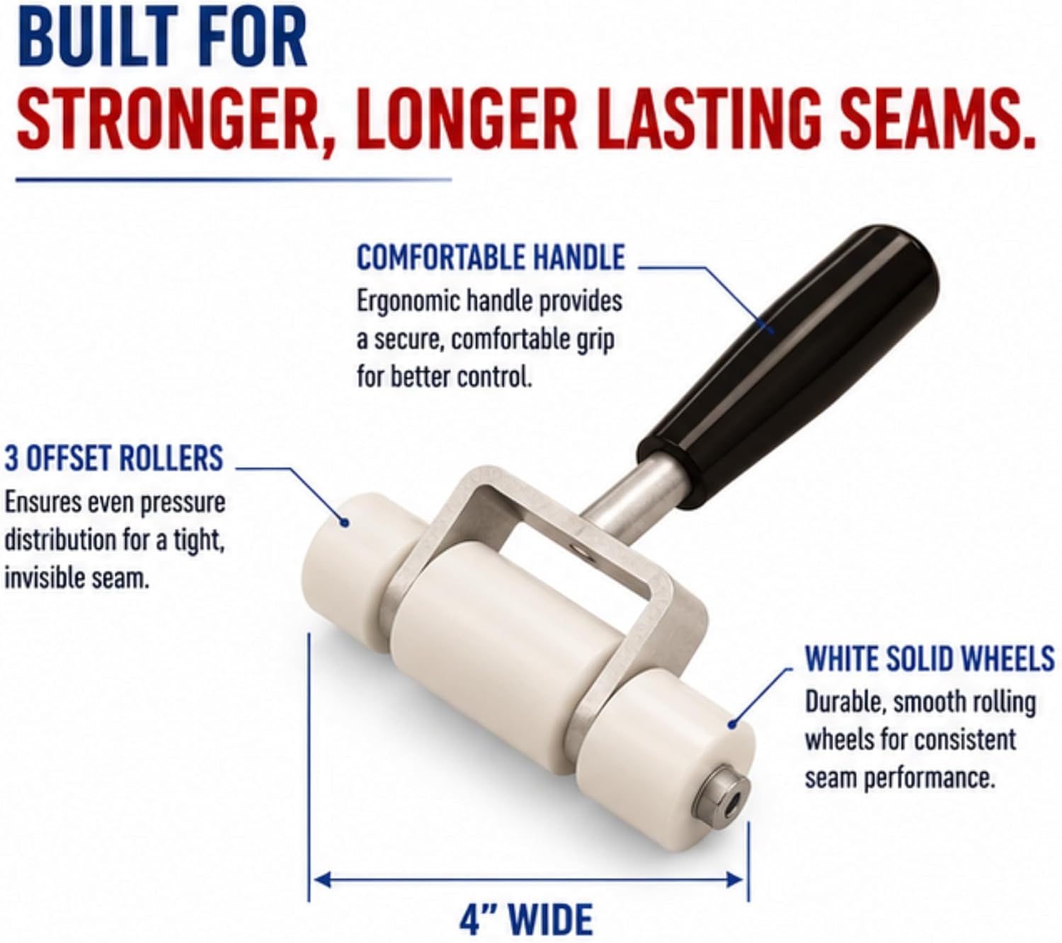 Bon Seam Roller with White Solid Wheel and Three Offset Rollers for Smooth Carpet Seams, Strong Adhesive Activation, and Professional Flooring Installation Control