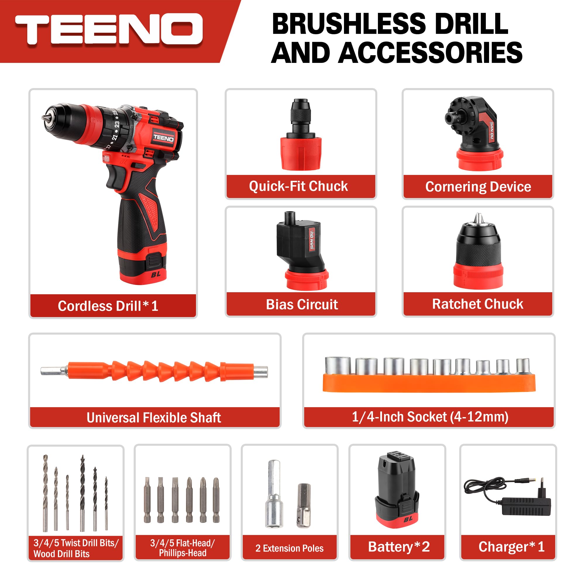 TEENO Atornillador a Batería 18V Sin Escobillas Profesional, 25+3 Velocidades, Kit de Taladro Inalámbrico, 45 Nm, 2 Velocidades, con 4 Cabezales Multifunción