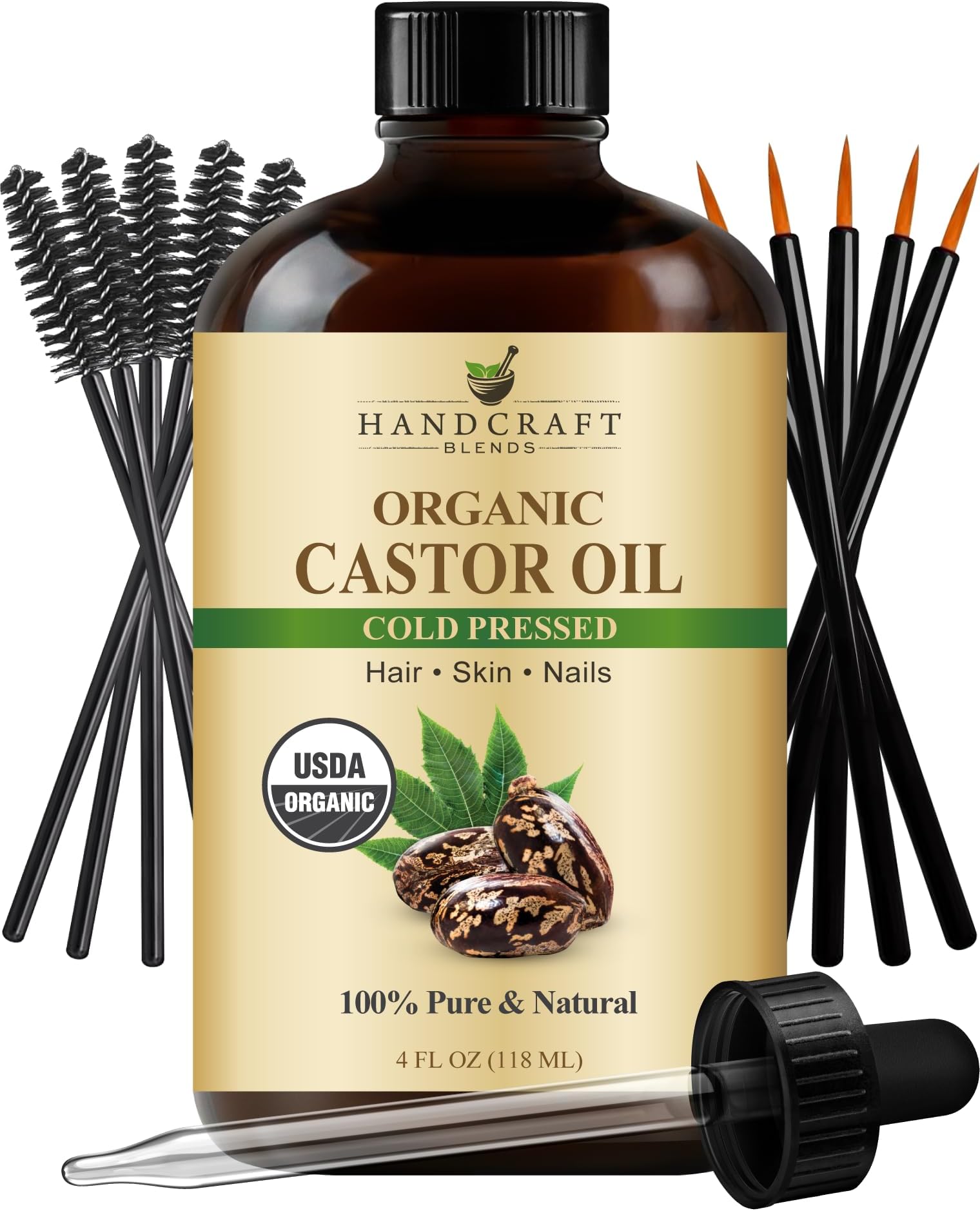Cold-Pressed Organic Castor Oil in Glass Bottle with Lash Brushes - 4 Fl Oz - 100% Pure and Natural - Premium Grade Carrier Oil for Hair Growth, Eyelashes and Eyebrows - Hair and Body