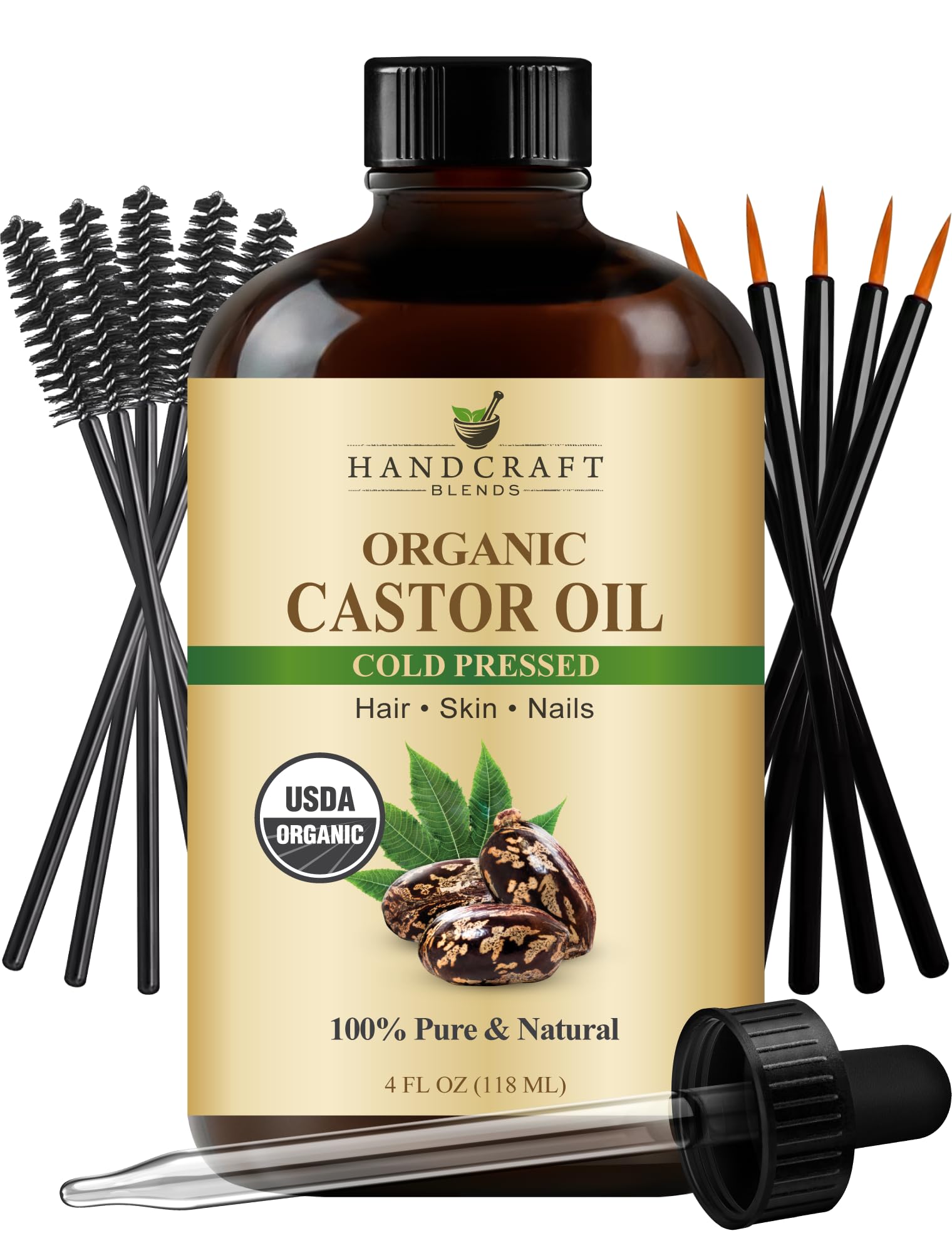 Handcraft Blends Cold-Pressed Organic Castor Oil 4 Fl Oz | Glass Bottle | Lash Brushes | 100% Pure and Natural | Premium Grade Carrier Oil | Hair, Eyelashes and Eyebrows | Hair and Body