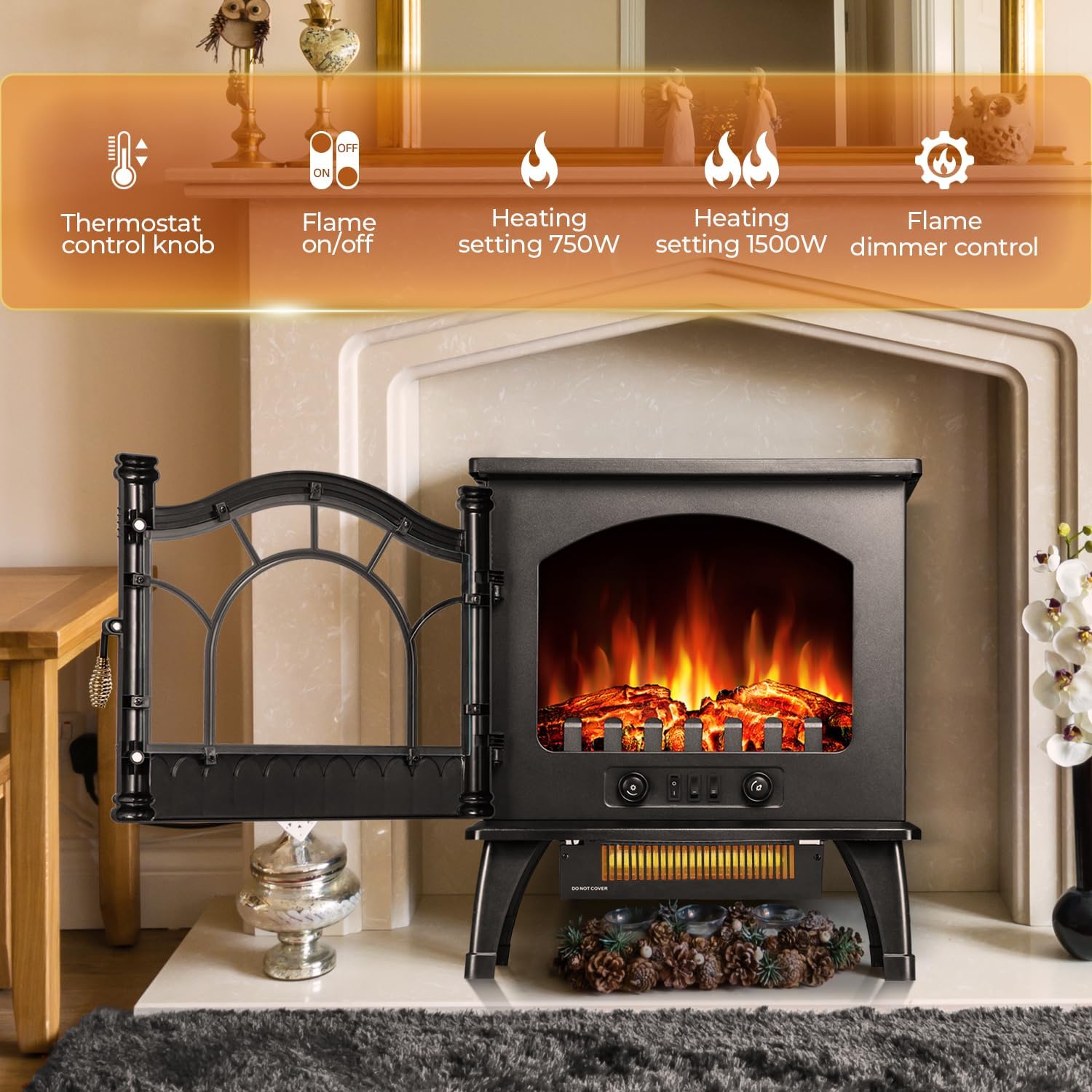 20" Electric Fireplace Heater with Thermostat,3D Hyper-Realistic Flame,3 Heating Modes,Overheat Protection, Energy-Efficient & Silent Design for Bedroom/Living Room