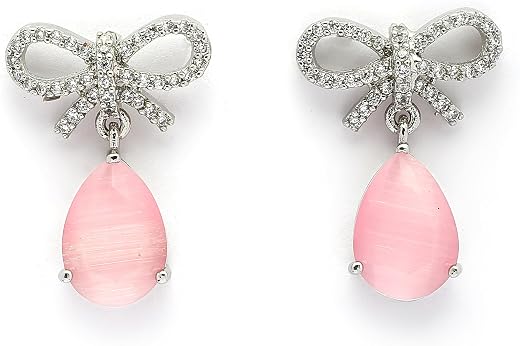 Zeneme Rhodium Plated Silver Toned Bow Shaped American Diamond Studded Drop Earrings For Women &amp; Girls