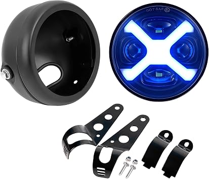 X-style Blue DRL motorcycle headlight with Housing | Bucket Mount Brackets Compatible with Shadow 750 Rebel 500 Vulcan Cafe Racer Choppers Cruiser