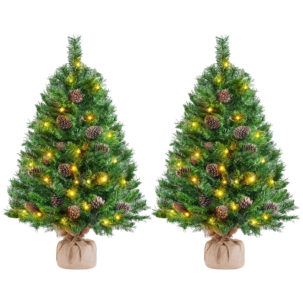 Yaheetech 2er-Set 92 cm Mini Künstlicher Weihnachtsbaum mit 50 Warmweiß LED Beleuchtung & 20 Tannenzapfen Kleiner Christbaum Tisch Tannenbaum für Weihnachtsdeko, Grün