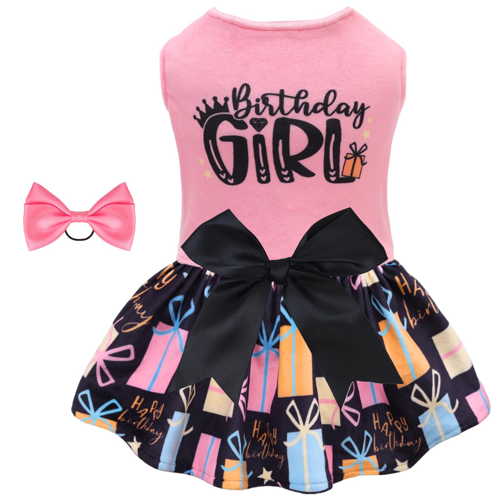 CuteBone Birthday Dog Dresses Velvet Holiday Small Dogs Clothes Onesie Pet Apparel Girl Puppy Skirt with Bow Hair Rope CVA48XS-D