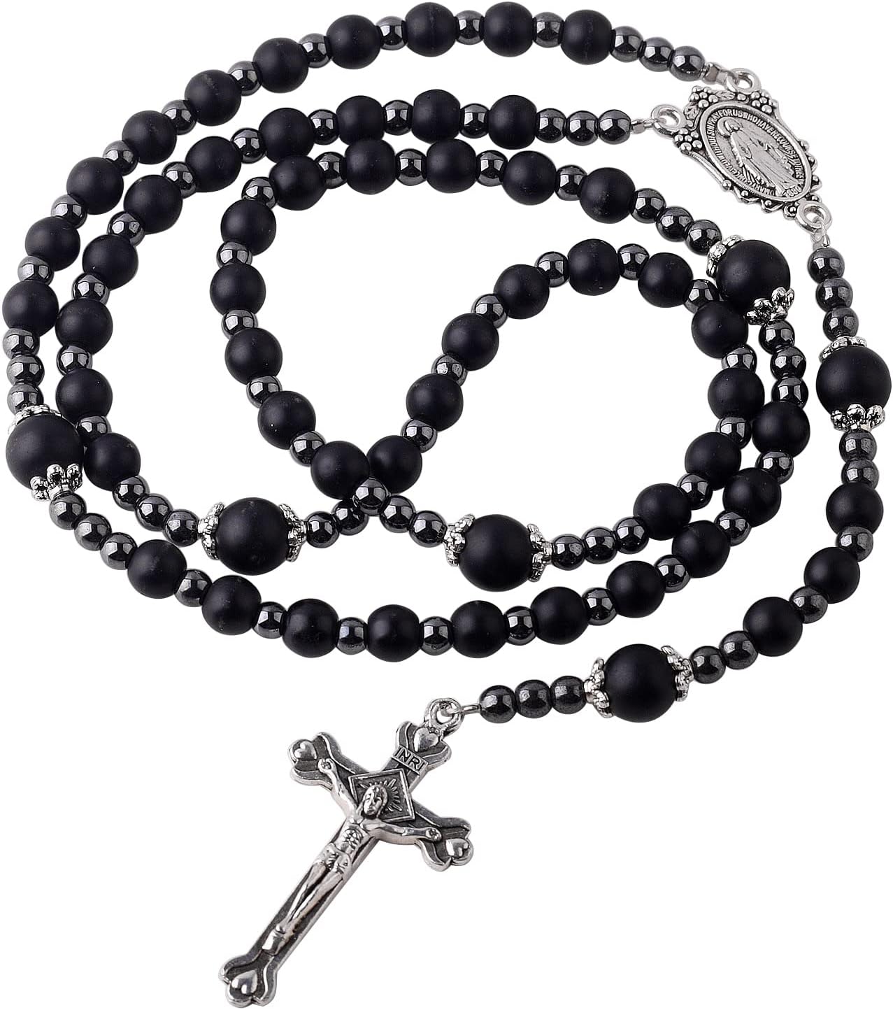 HanlinCC 6mm Black Glass Beads with 4mm Hematite Black Stone Beads Rosary Necklace with Miraculous Center piece and Crucifix pack in Velvet Gift Bag for Men and Women