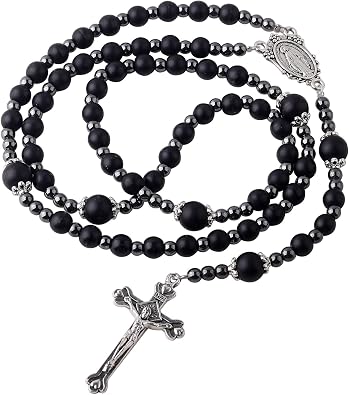 HanlinCC Catholic Rosary Necklace on Wire with Miraculous Medal | Hematite stone beads, with religious gift bag, for men and women, Handmade, for Communion, Pray, Baptism