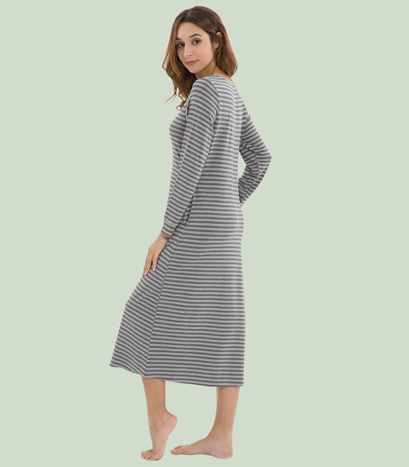 WiWi Nightgowns for Women Super Soft Sleepwear Long Sleeve V Neck Nightshirts Viscose from Bamboo Cooling Nightdress S-XXL - Image 2