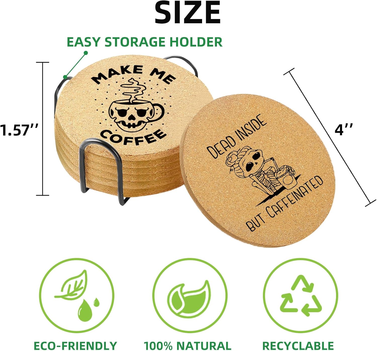 Coffee Coasters for Drinks with Holder Set of 6, Absorbent Cork Wood Coaster for Cup Desk Office Table Kitchen Decor House Warming Gifts for New Home Couples, Round 4" - Image 2