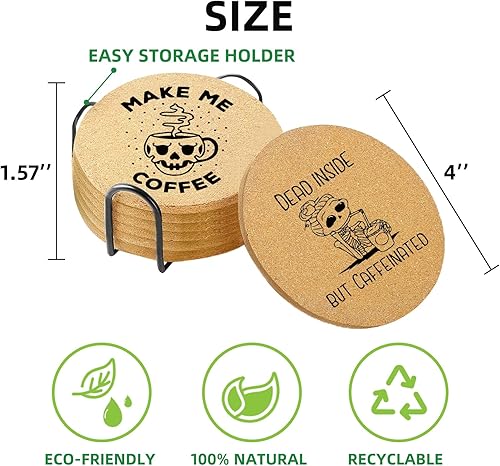 Miniatura 2 de Juego de 6 posavasos de café para bebidas con soporte, posavasos de madera de corcho absorbente para escritorio, mesa de oficina, decoración de