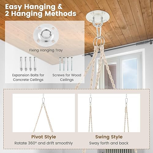 Miniatura 3 de Tangkula Silla hamaca colgante, hamaca de estilo bohemio con 2 cojines suaves, borlas, accesorios de montaje, silla colgante de cuerda de algodón