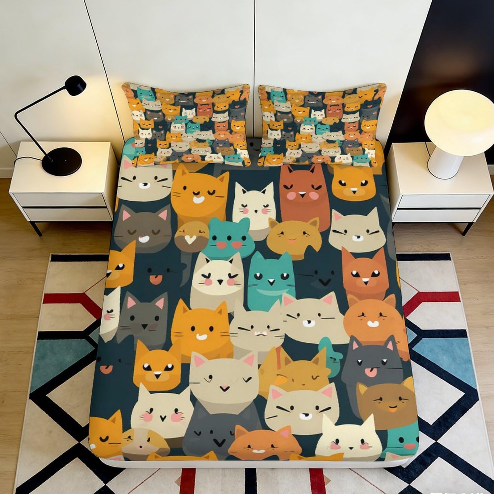 3D Printed Cartoon Cat Fitted Sheet Microfiber Deep Pocket Non-Slip Elastic Hem Cat Mattress Fitted Cover for Bedroom Adult Teen 90x200x25cm