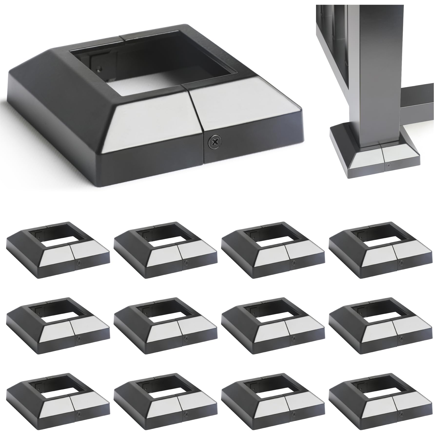 Wocepu 12 pcs 3"x3" (Actual: 3"x3") Aluminum Deck Post Base Cover, for Railings, Stairs, Patios, Porches, Split Deck Post Skirt (Black)