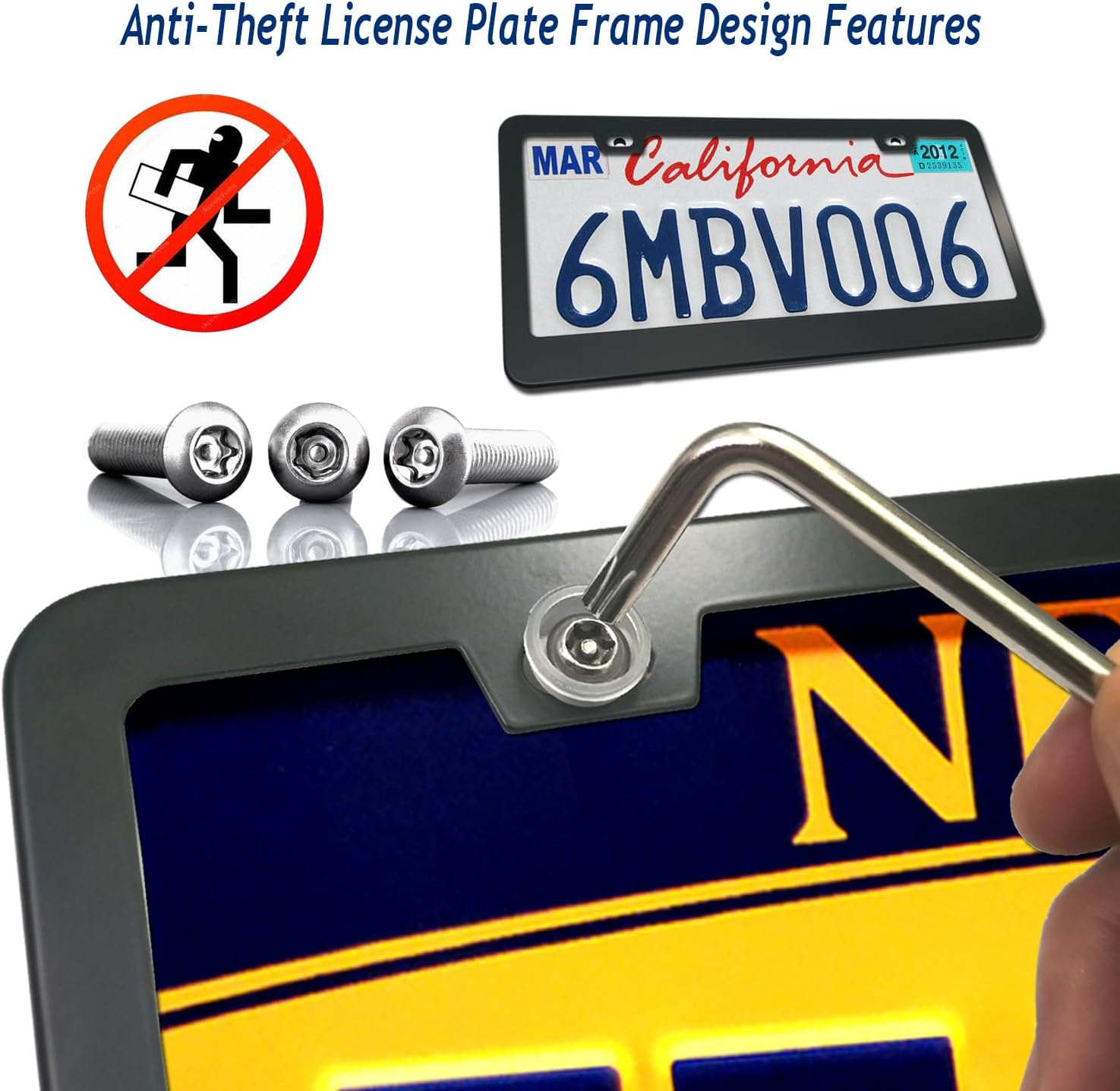 Aootf Anti Theft License Plate Frames- Tamper Proof Black Aluminum Car Tag Holder for Front and Rear, with Stainless Steel Security Screws Nuts Caps