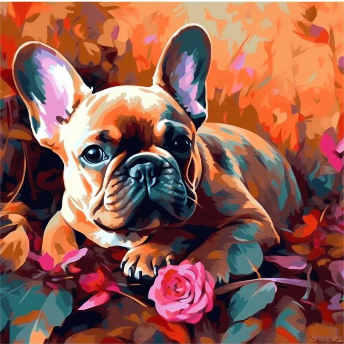 KANGBAWA Paint by Numbers for Adults and Beginner French Bulldog Baby in The Rose (4) Kits On Canvas Without Frame DIY Color Oil Painting Acrylic Paints,Home Wall Decor 40X50CM