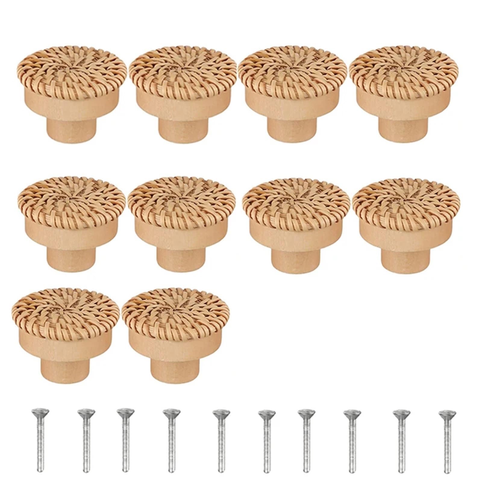 Lsnnmu Yellow-10Pack 10Pcs Rattan Dresser Knobs Round Wooden Drawer Handmade Wicker Woven And Screws For Furniture For Home(Yellow-10Pack)