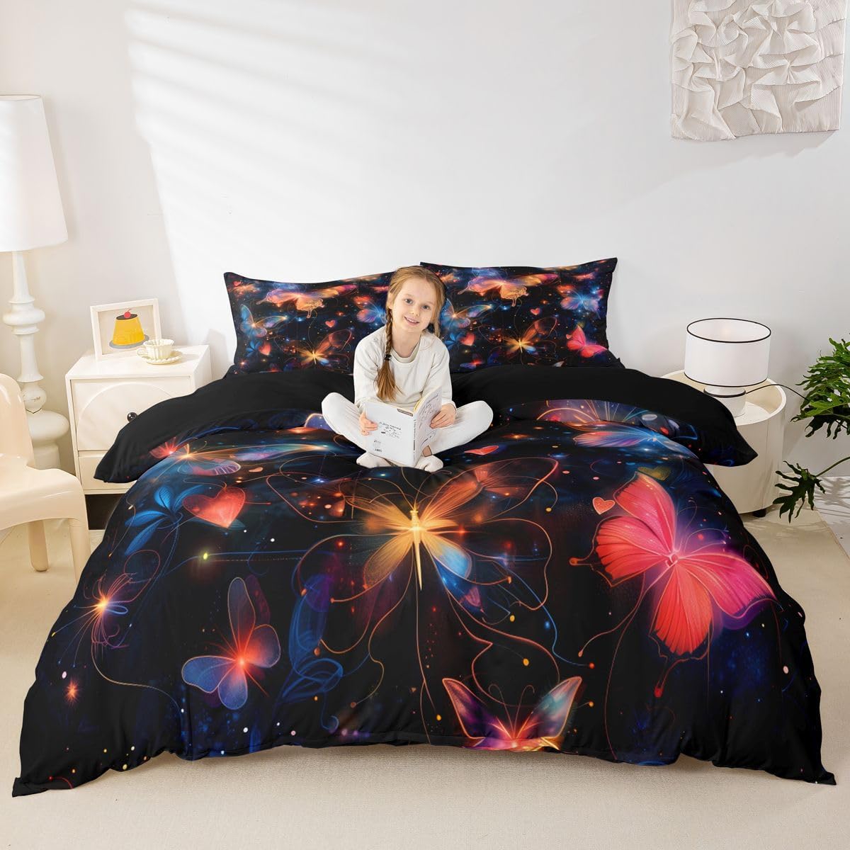 Gradient Butterfly Duvet Cover Set Toddler Size,Galaxy Star Love Heart Bedding Set 2pcs,Sparkling Dreamy Quilt Cover with Zipper Closure,Neon Animal Girls Room Decor, 1 Pillowcase,No Comforter