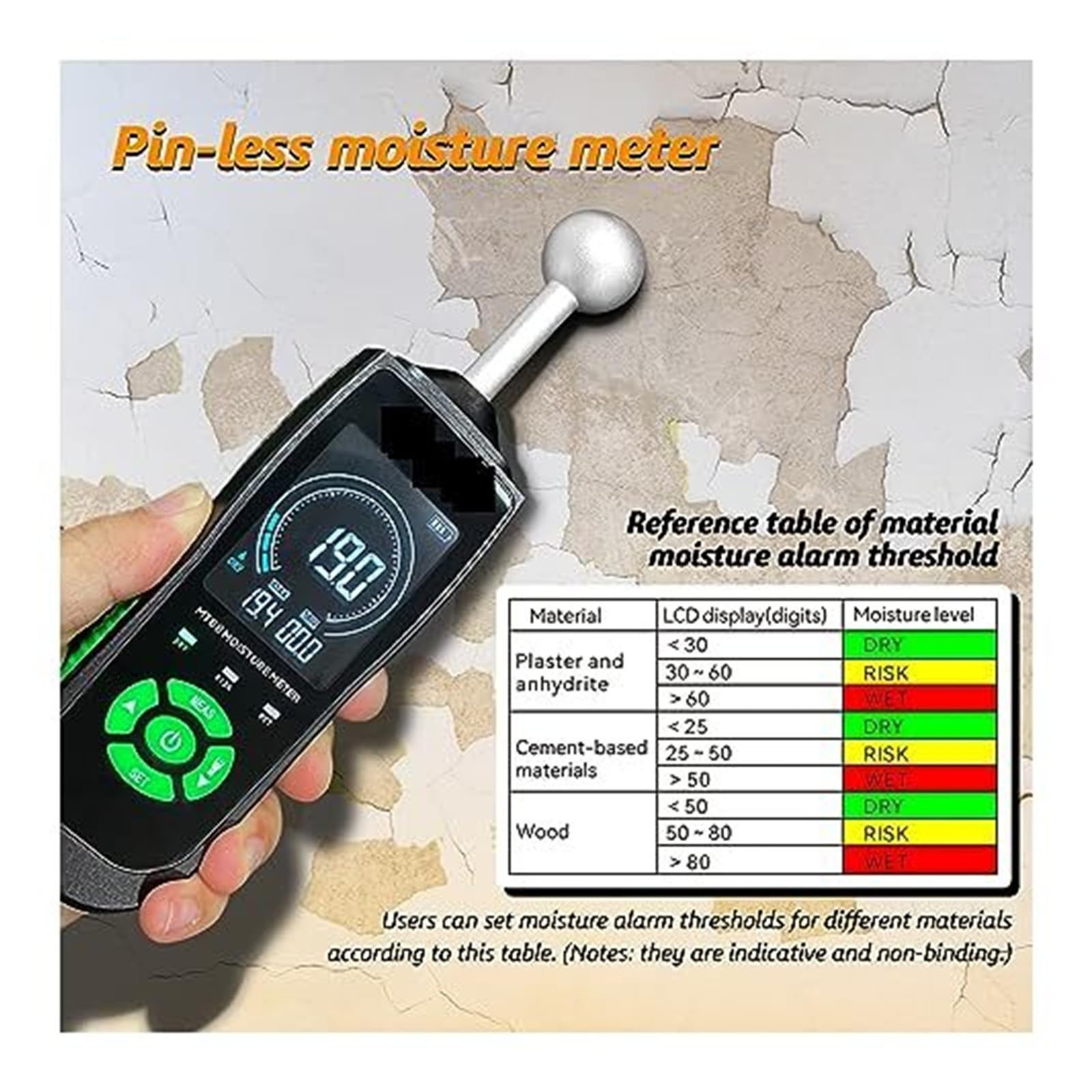 Misuratore digitale di umidità del legno MT68 Rilevatore senza contatto con schermo LCD e allarme