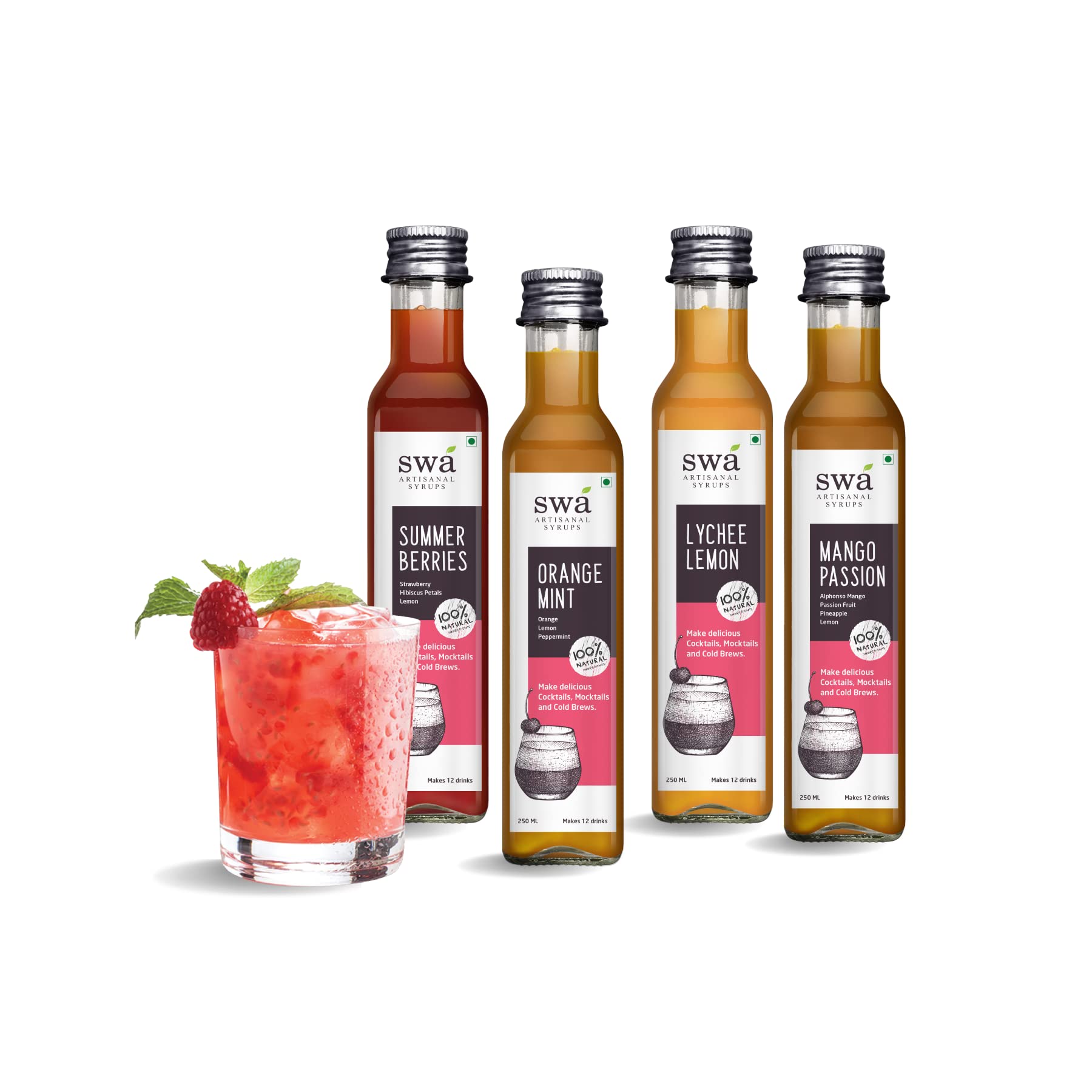 Swa Artisanal Syrups - Mocktails & Party Drinks Mixer Combo, 100% Natural, Makes 48-60 Drinks - Pack of 4 Syrups (250ml x 4)-image-24