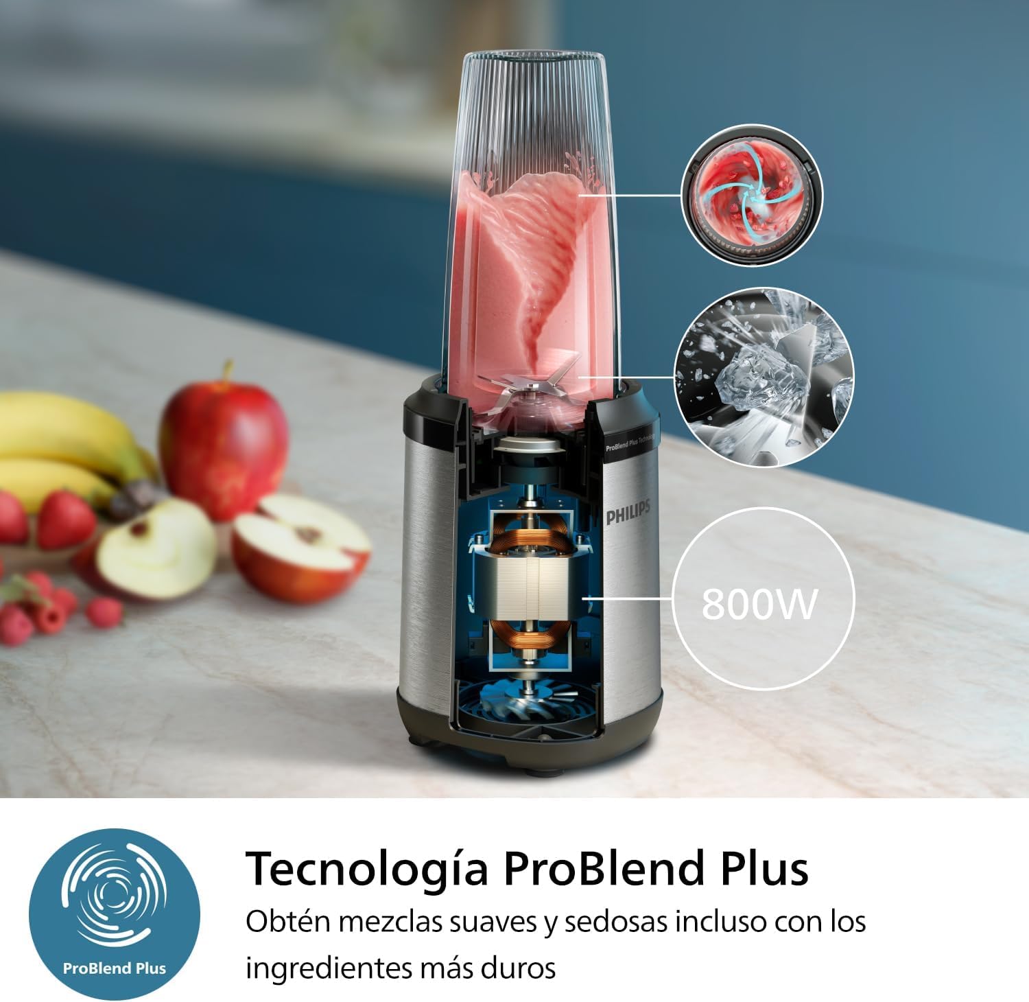 Philips Blender Serie 5000, Batidora Personal, Apta para Lavavajillas, Tecnología ProBlend Plus, Vaso de Tritan de 700 ml, Aplicación de Recetas HomeID, Plata/Metal (HR2764/00)