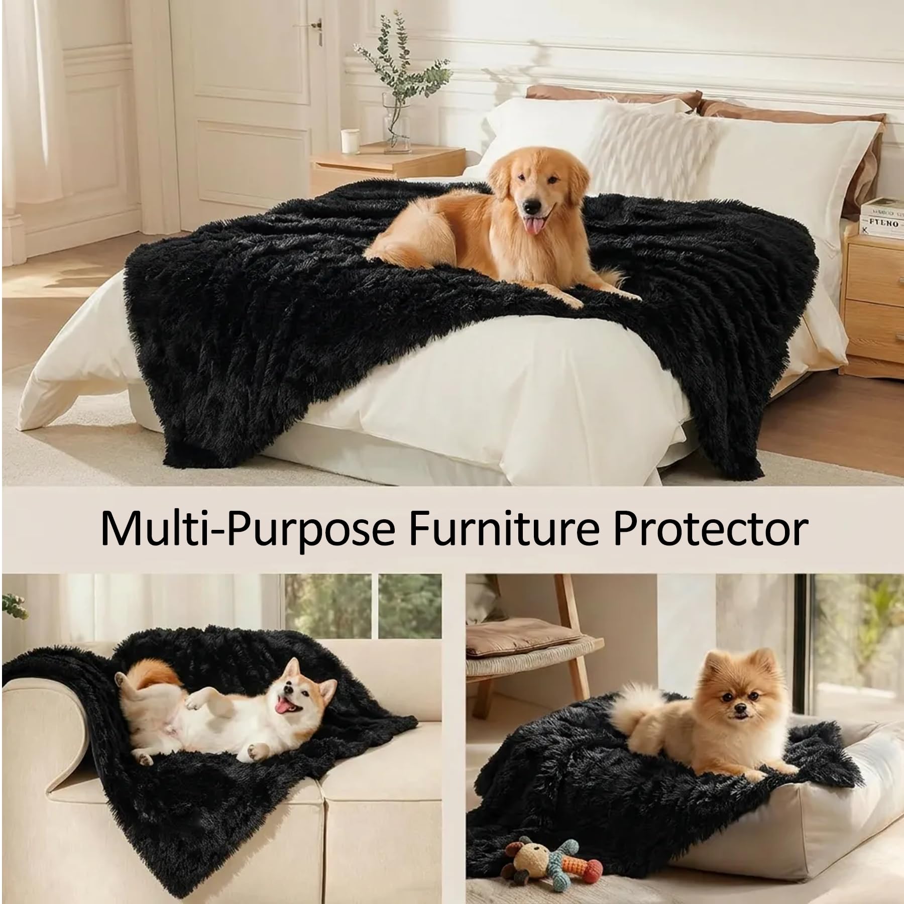 Manta impermeable y esponjosa negra para perros grandes, manta larga de piel sintética para mascotas para fundas de cama tamaño King (negro, XL-85 x 57 pulgadas)
