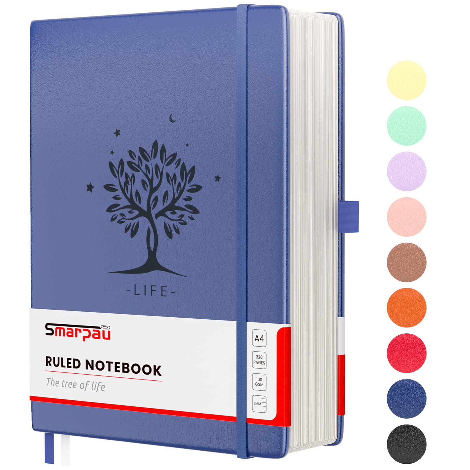Smarpau Large A4 Lined Notebook, 320 Pages Ruled Notebook Thick Journal 100gsm No Bleed Paper with Index Tabs
