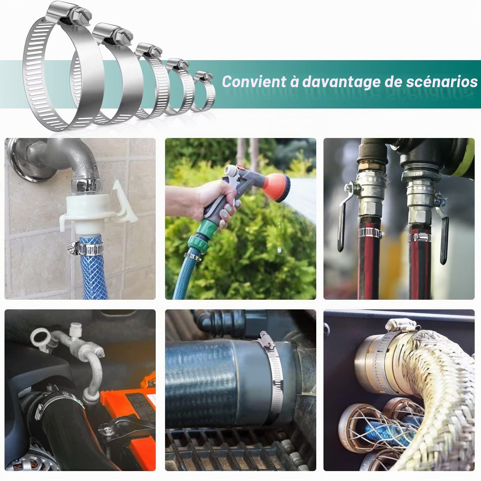 Leryati 304 Collier de Serrage Inox Set 6-51mm, Collier Serrage Métallique Réglable pour Piscine Machine à Laver Jardin