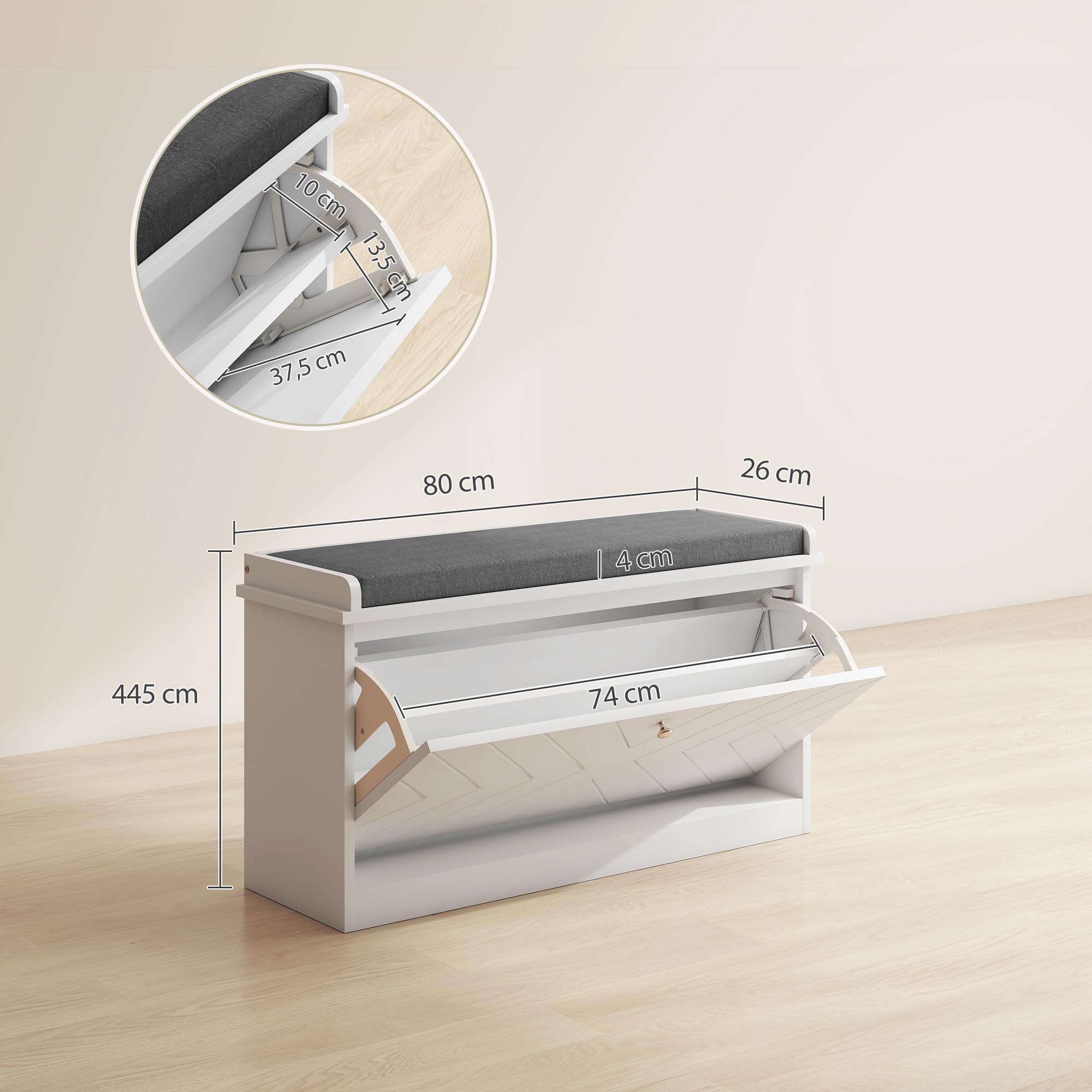 HOMCOM Banco Zapatero con Asiento Moderno de Madera 80x26x48 cm Blanco | Banco con Almacenaje, Mueble Zapatero, Estantes Ajustables, Cojín Acolchado, para 8 Pares de Zapatos, Entrada Recibidor